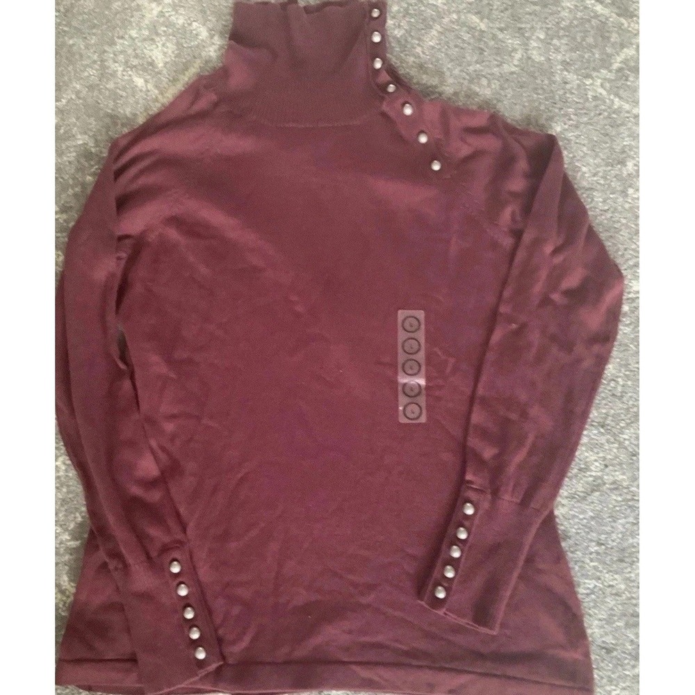 New Women's‎ Burgundy Sweater L Silver Button Detail On Neck/sleeve High Neck